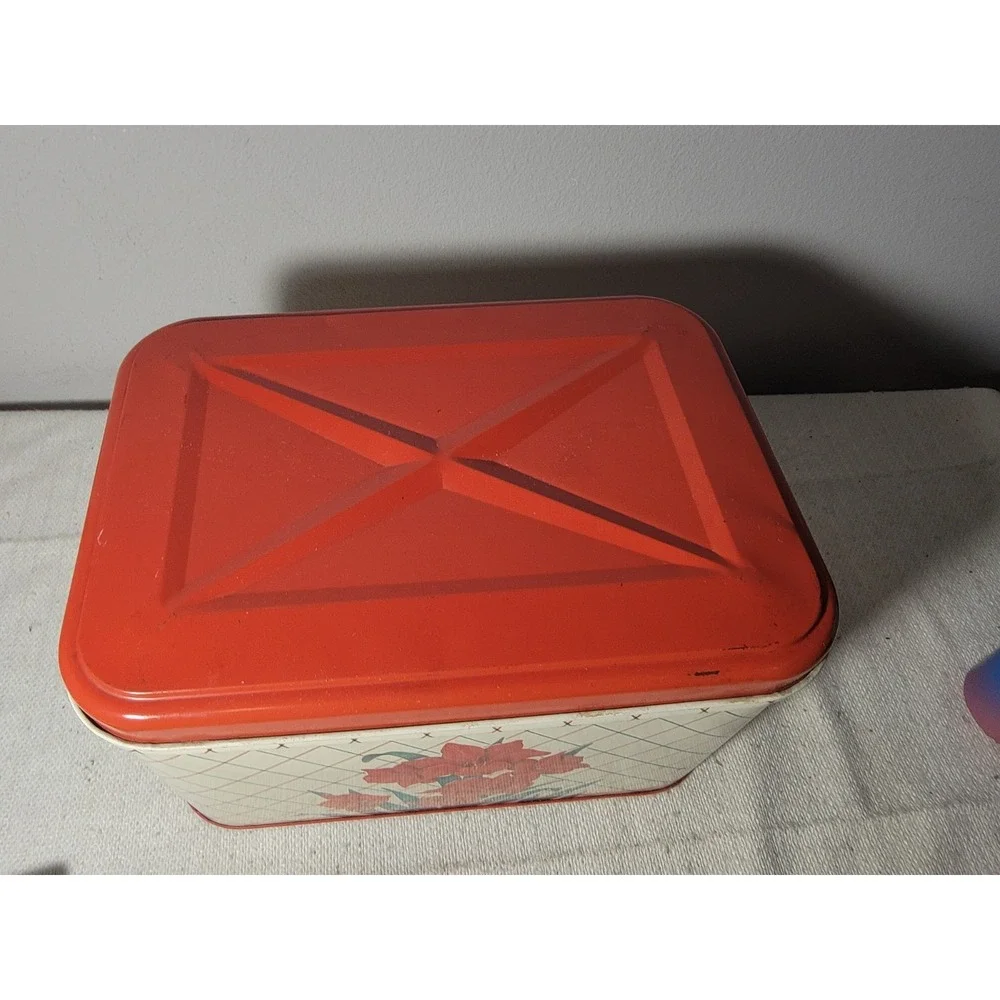 Vintage Tin Metal Breadbox Cream Red Floral Lattice Print Kitchen Storage Box